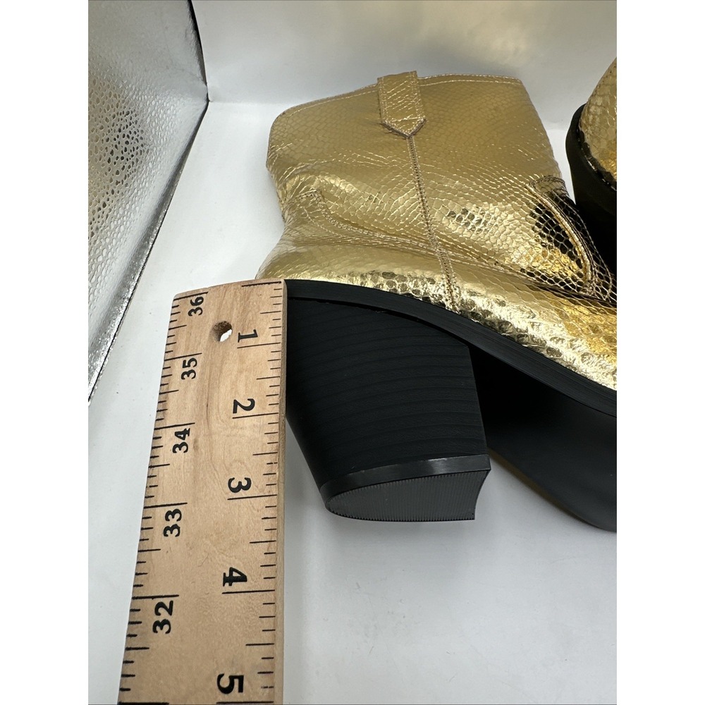 NEW Scoop Shiny Gold Metallic Snake Print Ankle Booties Chunky Heel Size 10 - Picture 8 of 11